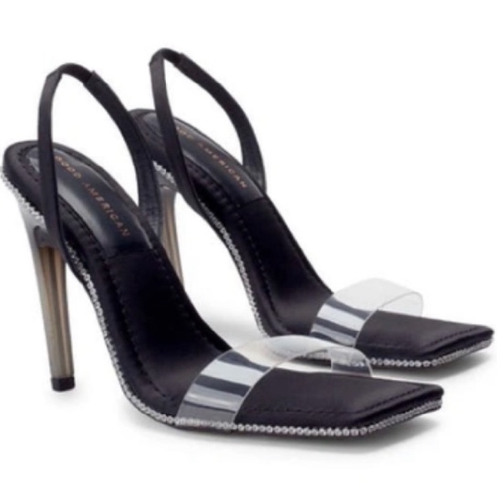 Good American Crystal Crush Lucite Sandal in Black NIB Size 10.5